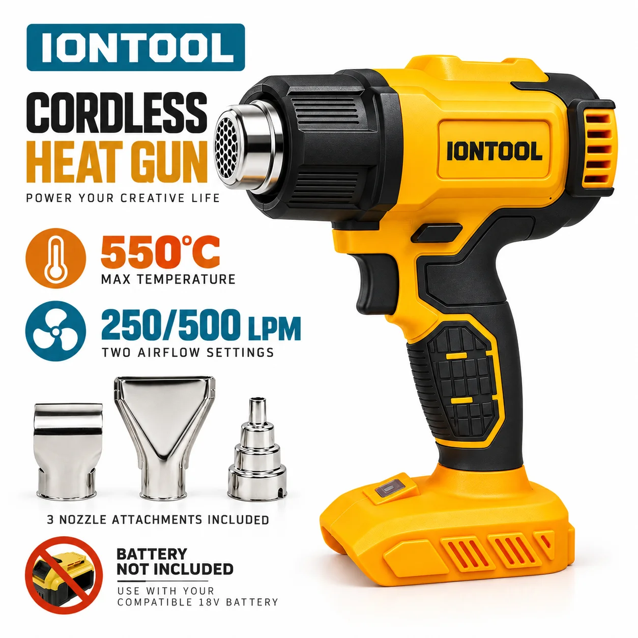 Cordless Heat Gun For Shrink Tubing - IONTOOL Gelbe Akku-Heißluftpistole 550 ℃ Für